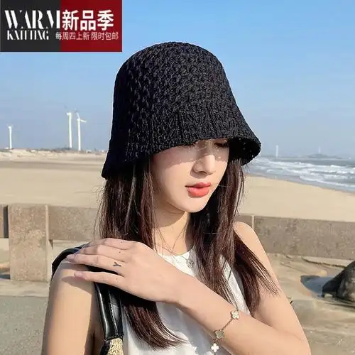 shanchao夏季小边渔夫帽女遮阳素颜遮脸盆帽日系短檐透气针织水桶帽子