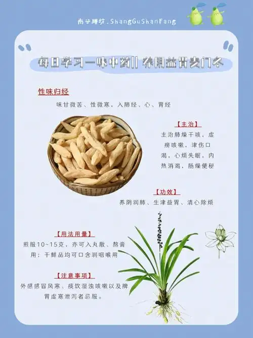 性味归经】味甘微苦,性微寒,入肺经,心,胃经【功效】养阴润肺,生津益