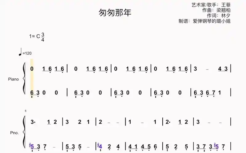 王菲【匆匆那年】钢琴简谱双手c调附歌词-脸颊红红丶-钢琴大师-哔哩