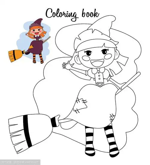 可爱的小女巫坐在扫帚上