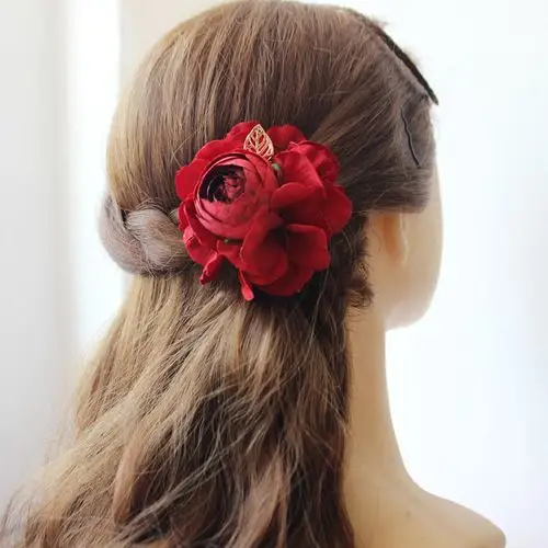 结婚婆婆头花 红色头饰婆婆头花玫瑰金叶子花朵发夹旗袍礼服舞台配饰