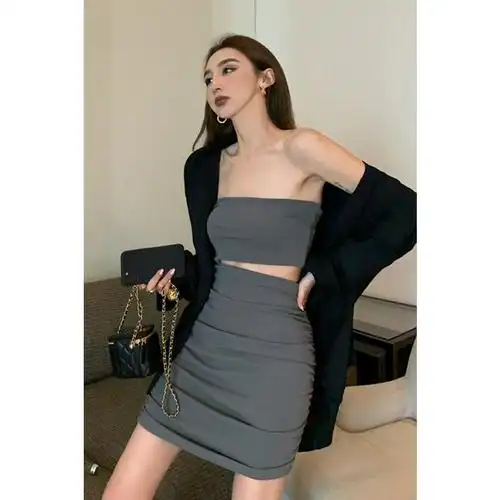 抹胸连衣裙女设计感小众性感露腰紧身包臀裙夏季辣妹显瘦灰色裙子灰色