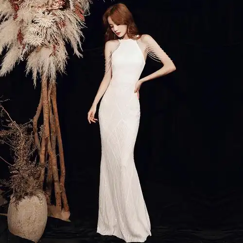 白色晚礼服裙女宴会高档气质重工鱼尾长款修身礼服