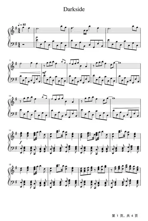 darkside钢琴谱_alan walker_g调_流行钢琴谱五线谱