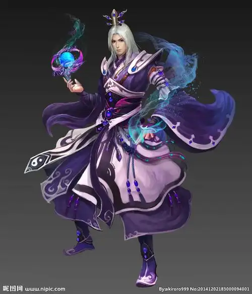 玄幻小说封面,男,紫色长发,手里拿着魔法杖的.