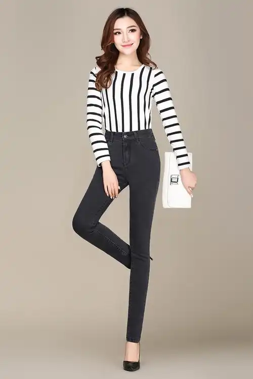 2019秋冬中年妈妈牛仔裤女小脚长裤中老年高腰显瘦弹力大码女裤