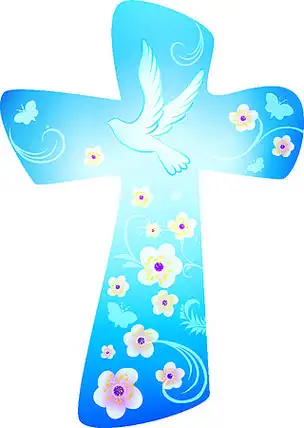 蓝色背景中带鸽子和花朵的基督教十字架