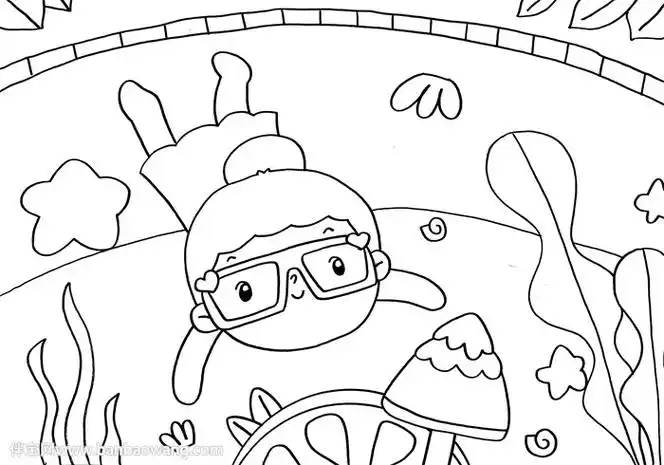 1,首先画出一位游泳的小女孩,女孩的眼睛上带着泳镜,头发是丸子头,画