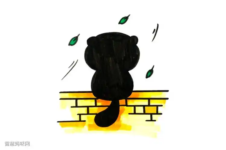 秋天情绪画黑色猫咪背影简笔画