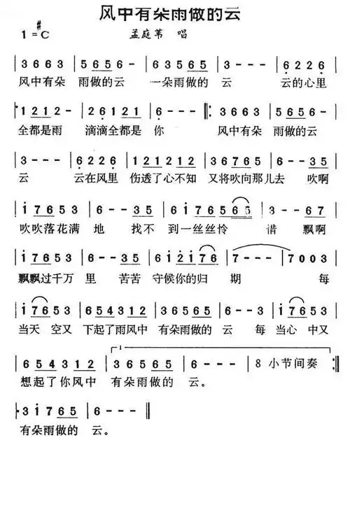 风中有多朵雨做的云 孟庭苇 歌谱 简谱