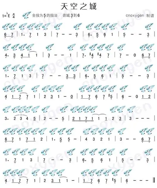 12孔陶笛sf调《天空之城》曲谱