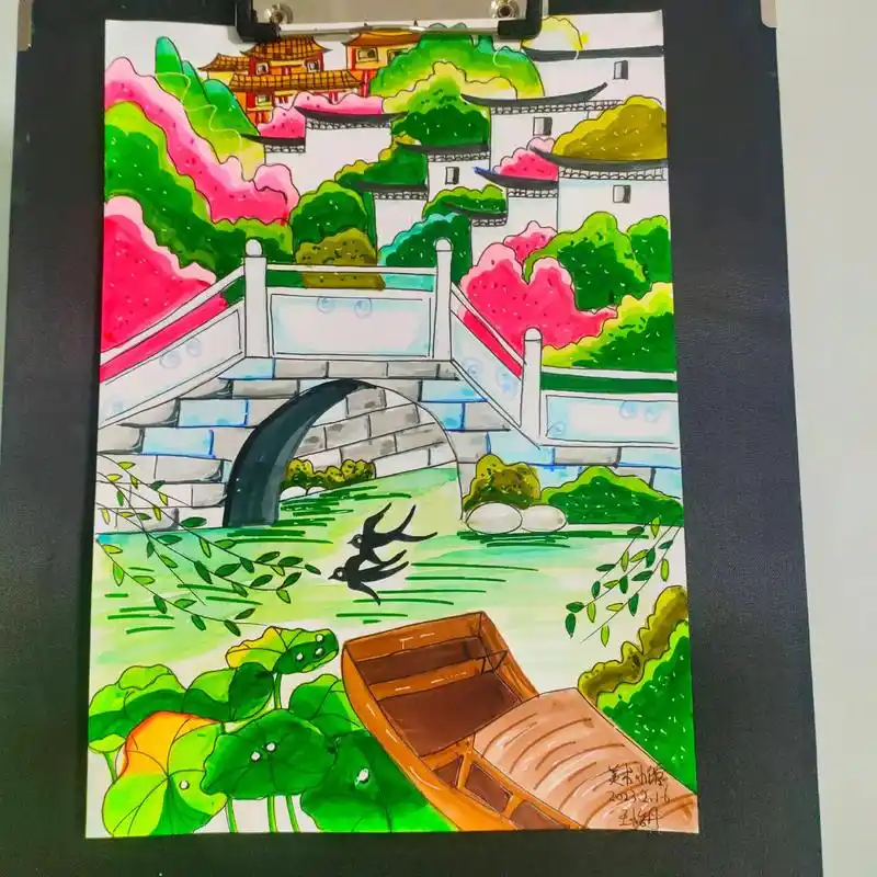 古诗配画   钱塘湖春行#儿童绘画作品 #一起学画画 #创意 - 抖音