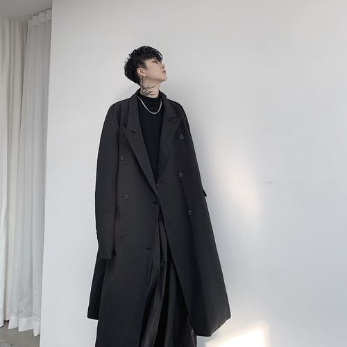 乔趣猫暗黑系男装风衣暗黑秋冬小众个性不对称西服领加长款男潮 黑色