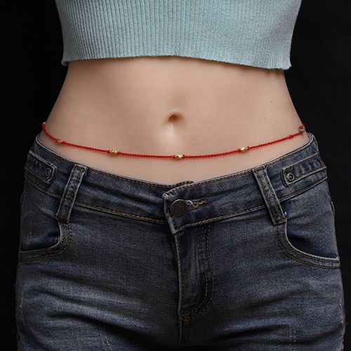 999足金转运珠红绳腰链女黄金路路通红腰绳本命年腰带男可调节