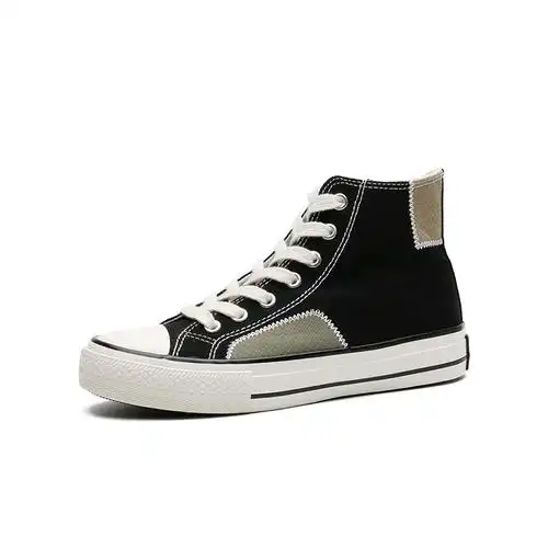 vasibaen 高帮帆布鞋男奶白色拼接刺绣补丁丝带板鞋百搭ins男鞋