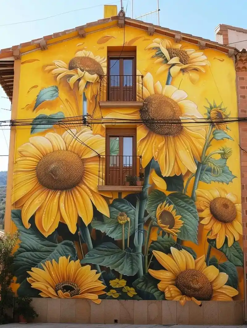 这组向日葵墙绘以明亮的色彩和 - 抖音