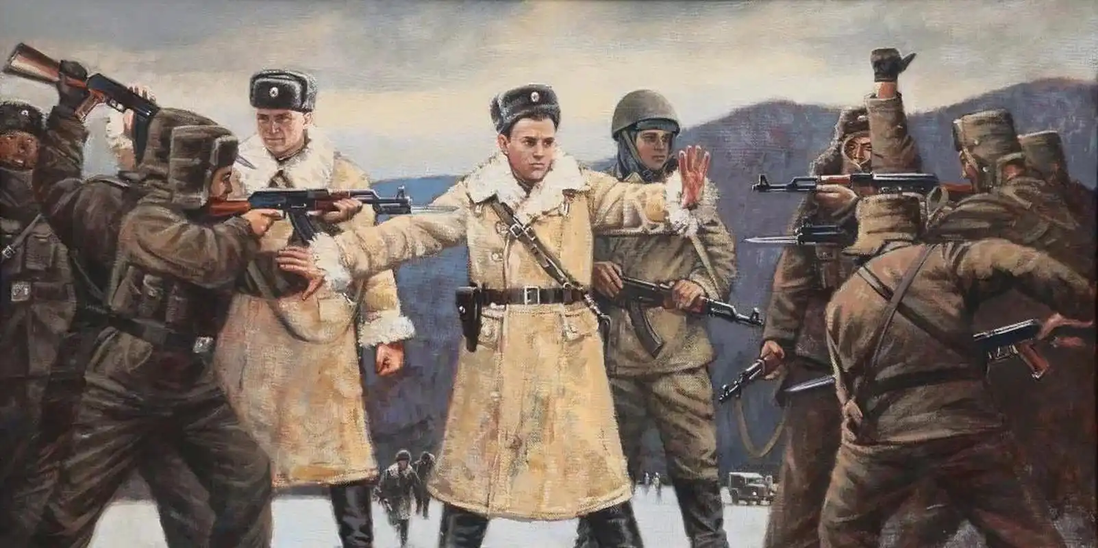 俄罗斯人画的珍宝岛冲突油画,画中前苏联军人一身正气,大义凛然的样子