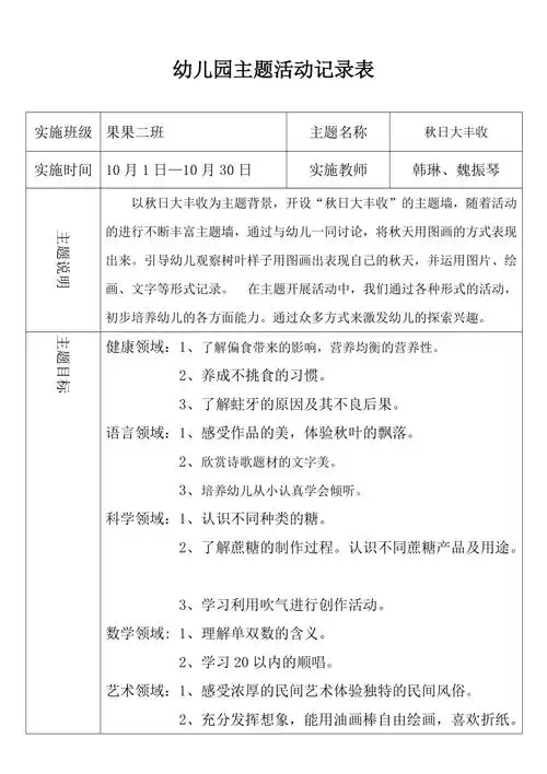 2017年主题活动幼儿园主题活动记录表