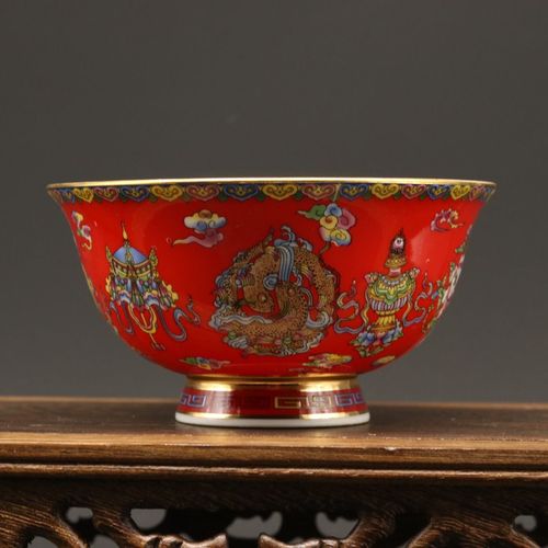 清乾隆年间红地八宝碗 婚庆礼品摆件 古董古玩瓷器收藏 民窑仿古