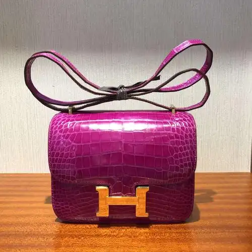 爱马仕hermes constance康斯坦空姐包19 j5天方夜谭粉紫 亮面方块鳄鱼