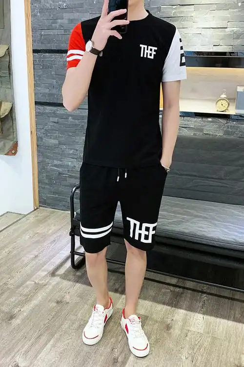 短裤套装男五分运动裤夏季薄款韩版潮流宽松沙滩裤短袖t恤两件套