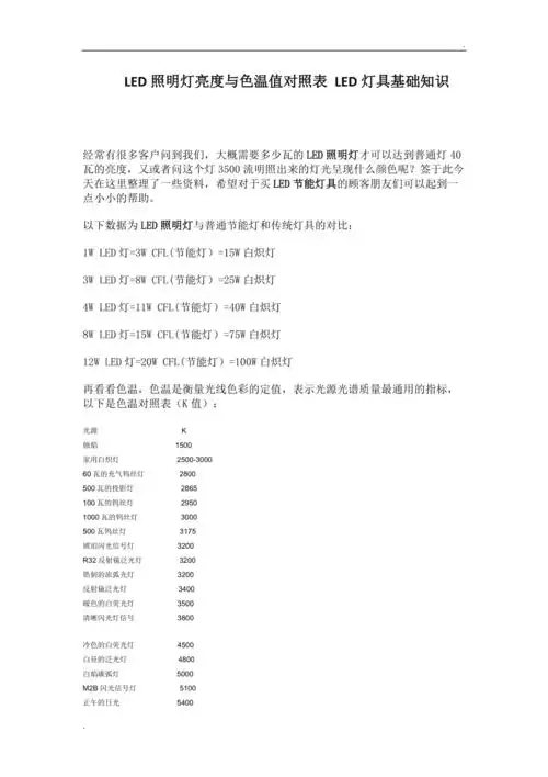 led照明灯亮度与色温值对照表