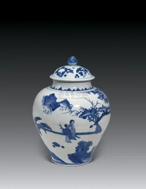 0075清顺治青花人物故事盖罐
