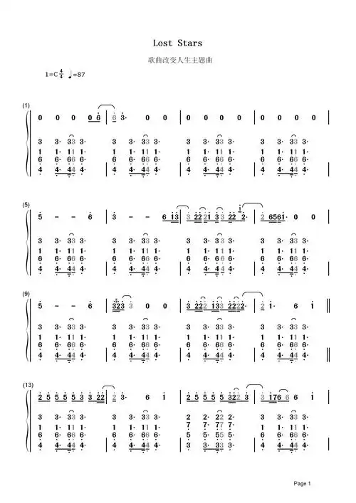 lost stars简谱  adam levine  迷途的你才是夜空中最亮的星1