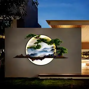 太阳能户外防水壁灯新中式别墅外墙庭院玄关迎客松装饰画山水壁灯