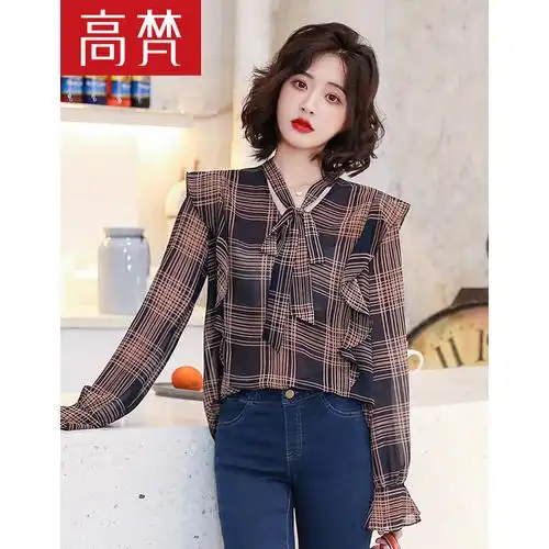 高梵衬衫女2020春季新款长袖荷叶边蝴蝶结设计感上衣气质格子衬衫