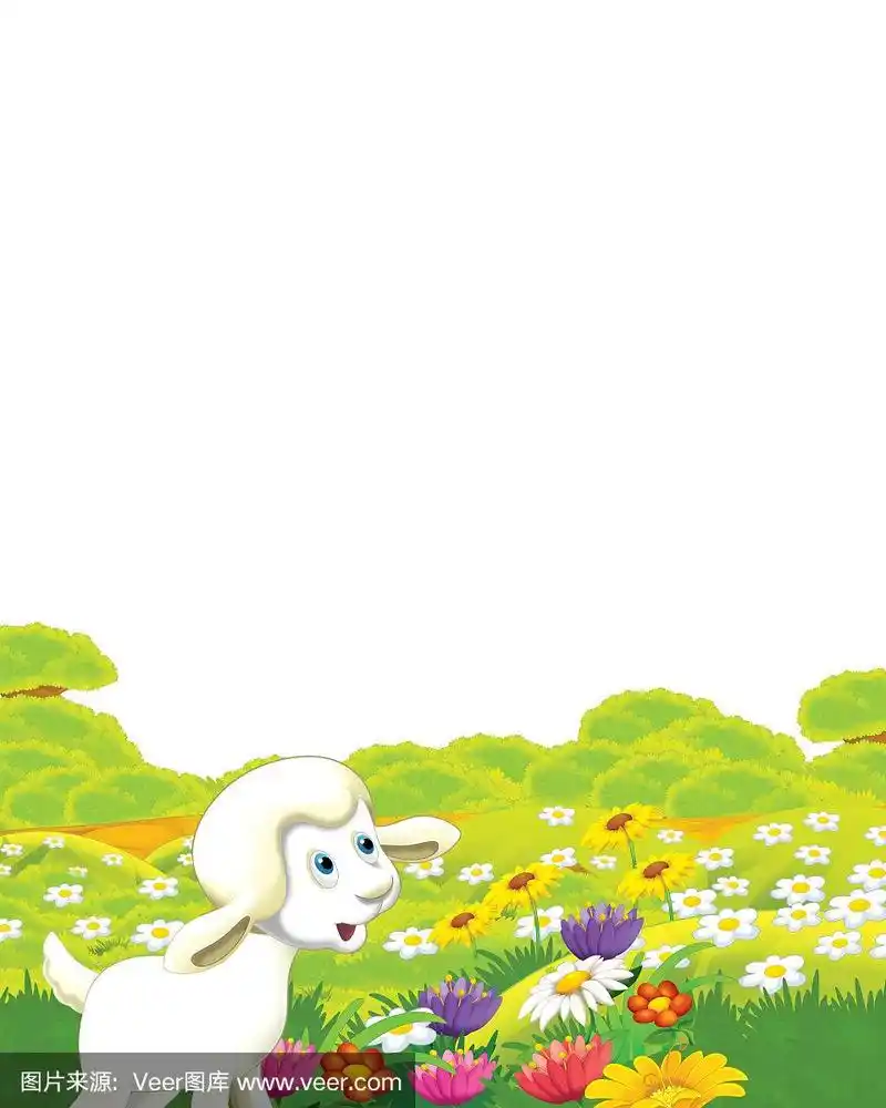 白色背景上的羊在农场里玩耍的卡通场景