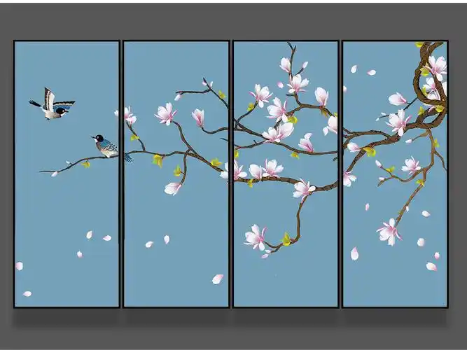 玉兰手绘工笔花鸟新中式背景墙装饰画
