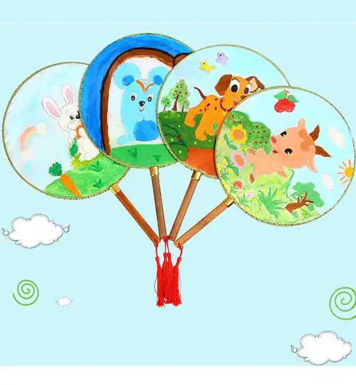 儿童涂鸦彩绘扇子摆地摊圆扇幼儿园diy绘画宫扇 卡通图案填色团扇