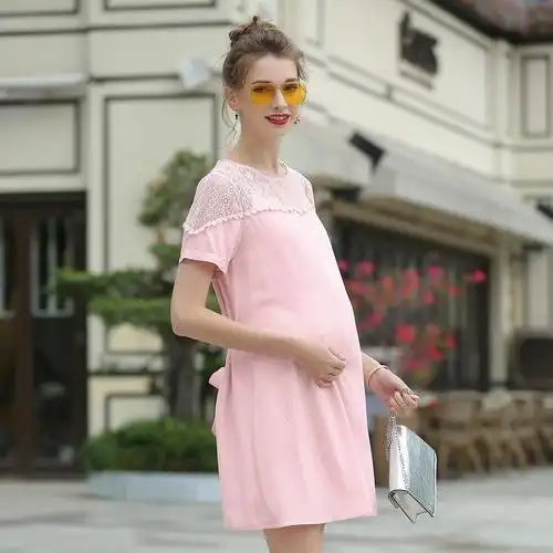 【收腰显瘦】孕产妇性感镂空蕾丝拼接孕妇装短袖中长款连衣裙夏
