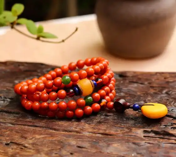 天然老料川料满肉柿子红南红手串108颗南红佛珠四圈本命年饰品