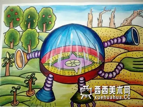 三等奖儿童获奖科幻画《沙漠智能植被面》欣赏