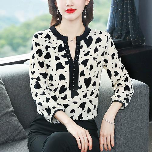 哥弟真丝衬衫女上衣2024年春装印花桑蚕丝衬衣女新款九分袖动感