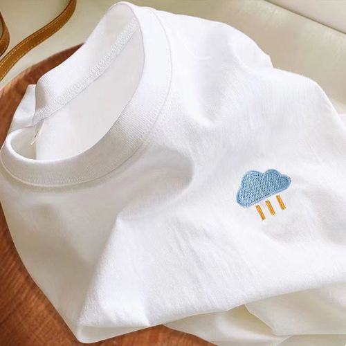 纯棉儿童刺绣可爱图案男女宝宝短袖t恤白色百搭休闲简约ins上衣服