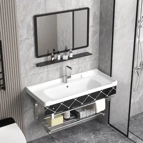 挂墙式洗脸盆陶瓷盆组合卫生间洗漱台小户型不锈钢支架洗手面盆池