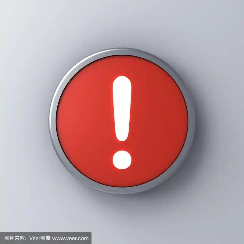 霓虹灯感叹号图标在红色圆形标志按钮孤立在白色墙壁背景与阴影