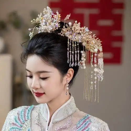 中式新娘秀禾服长流苏大凤冠古典龙凤褂婚礼端庄结婚大气金色发饰