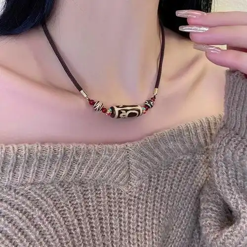 西藏真品天然九眼天珠玛瑙吊坠男女款民族风百搭毛衣链转运锁骨链