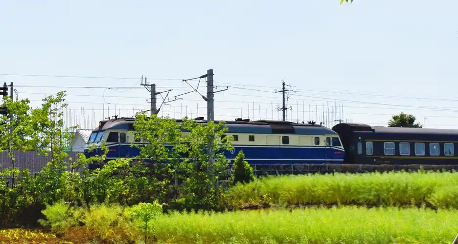 一辆蓝皮火车疾驰而过,满满的怀旧风有木有