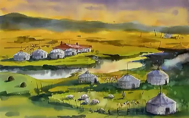 水彩风景教程-内蒙草原的傍晚