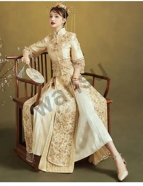 晚苏香槟色秀禾服新娘新款婚纱中式秀和服女结婚礼服金色秀禾孕妇金色