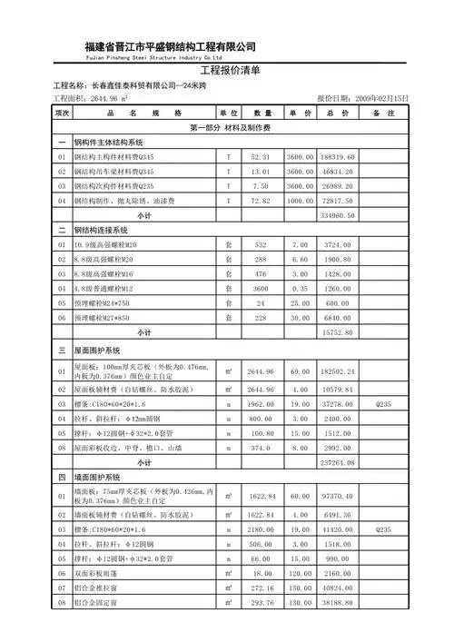 某某公司钢结构厂房报价单5