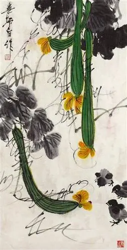 娄师白 丝瓜小鸡图 立轴 设色纸本