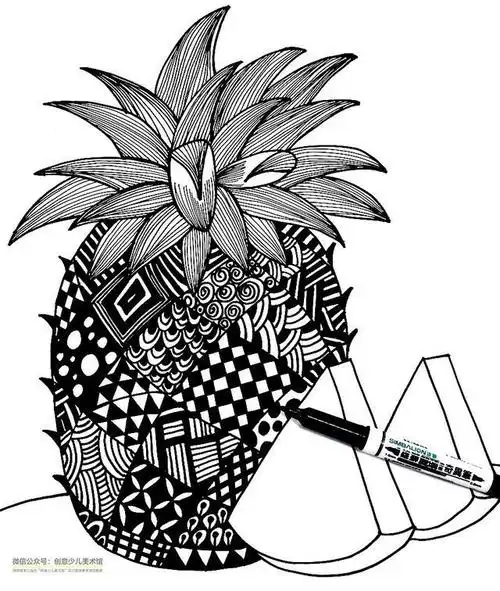 儿童画教程趣味线描画之菠萝的花外衣
