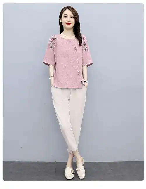 现货实拍 妈妈夏装套装纯棉上衣中老年女装时尚短袖t恤大码小衫 - 17