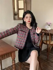 法式复古设计感粗花呢单排扣酒红色小香风外套